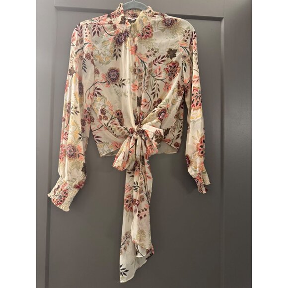 Oliveaceous Floral Print High Neck Tie Front Blouse With Smocked Cuffs & Long Ta - Picture 3 of 7